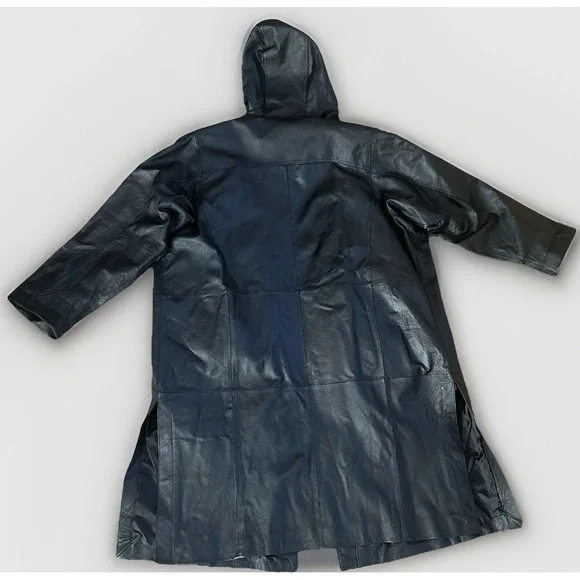 Black Leather Trench Coat 3XL 90s Goth Biker Duster Hooded Fantasy Matrix Neo - Picture 3 of 16